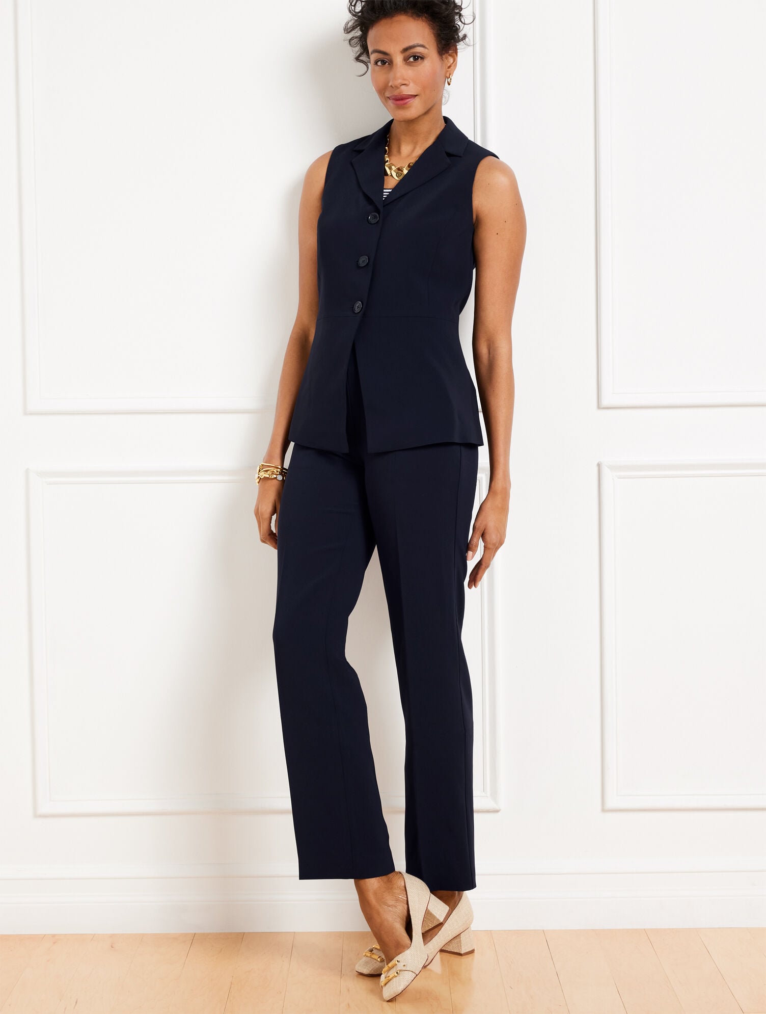 BLACK|INDIGO BLUE EASY TRAVEL PEPLUM VEST | Talbots on sale