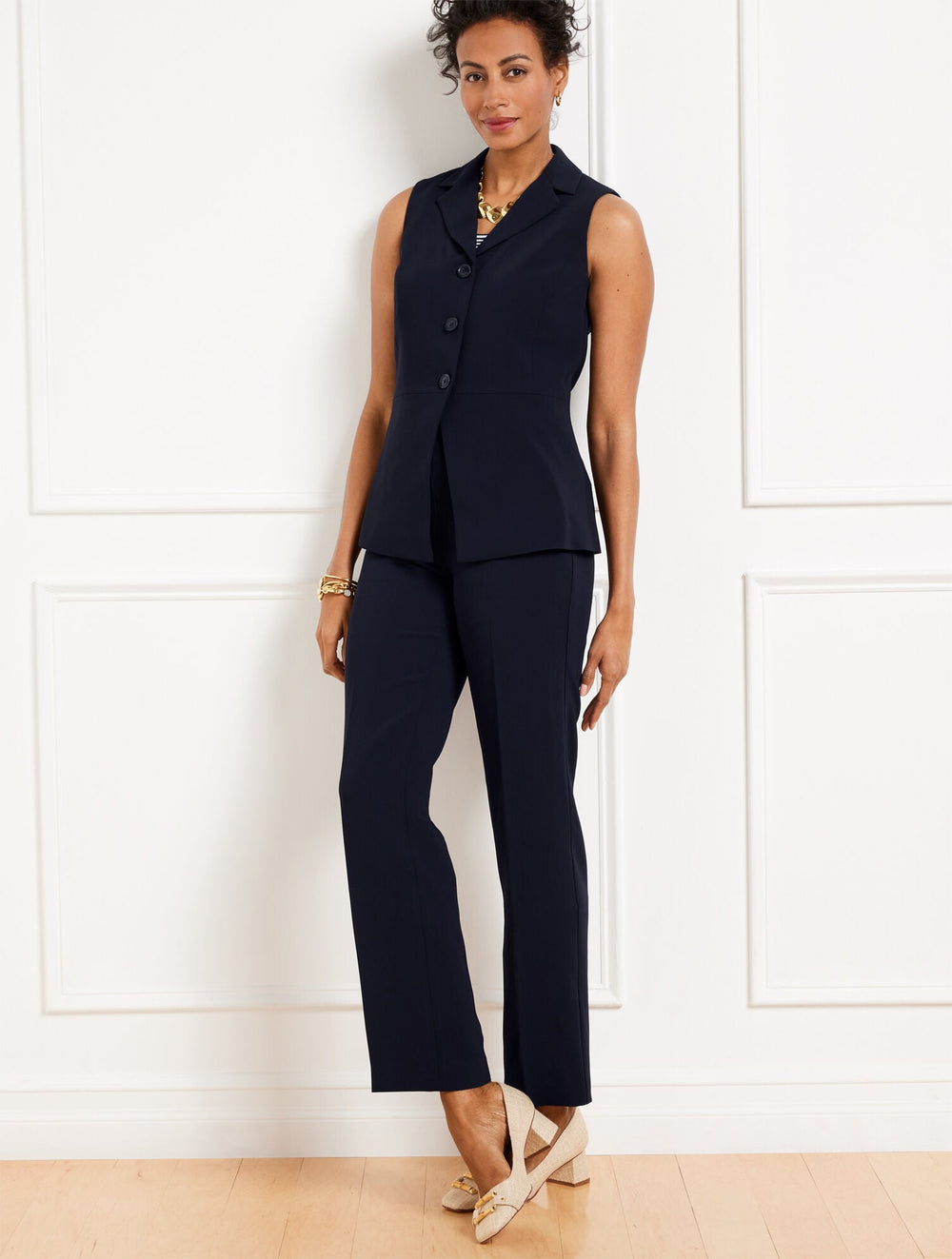BLACK|INDIGO BLUE EASY TRAVEL PEPLUM VEST | Talbots on sale