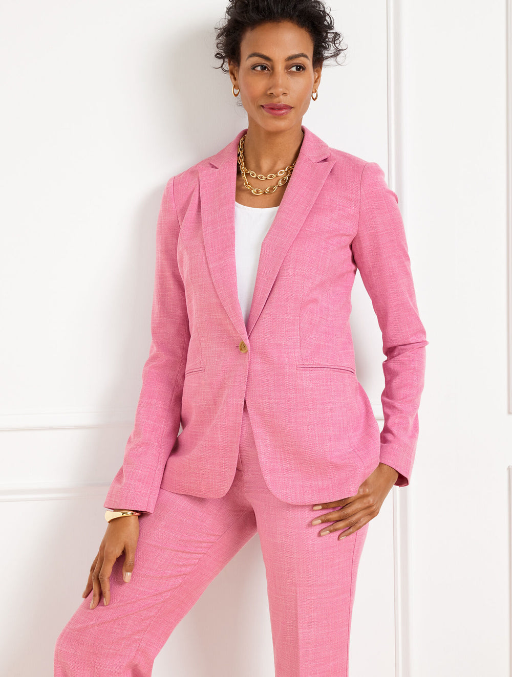 SOFT PINK MULTI SINGLE BUTTON TWILL BLAZER | Talbots near me