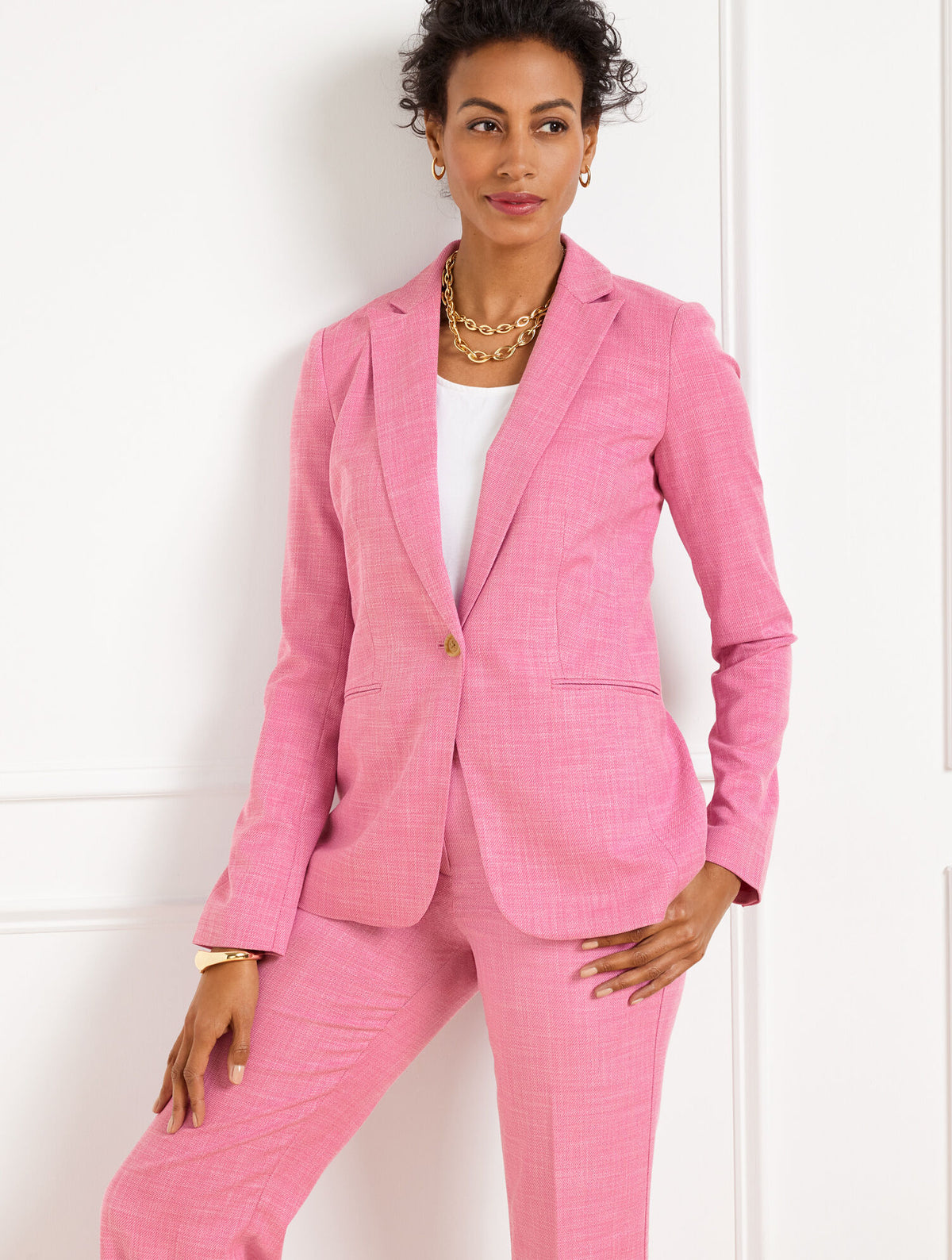 SOFT PINK MULTI SINGLE BUTTON TWILL BLAZER | Talbots near me