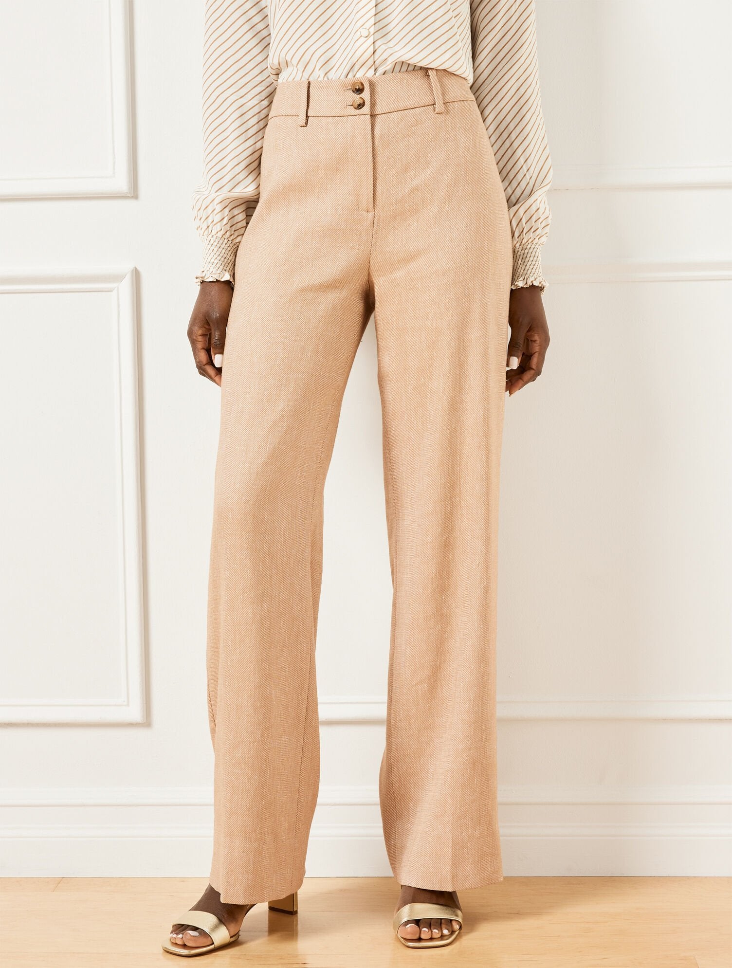 CAFE/IVORY WIDE LEG TEXTURED STRETCH LINEN PANTS | Talbots discount