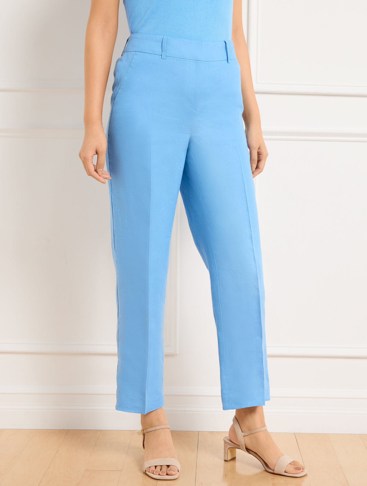 LAKESIDE BLUE STRAIGHT ANKLE LEG LINEN PANTS | Talbots outlet