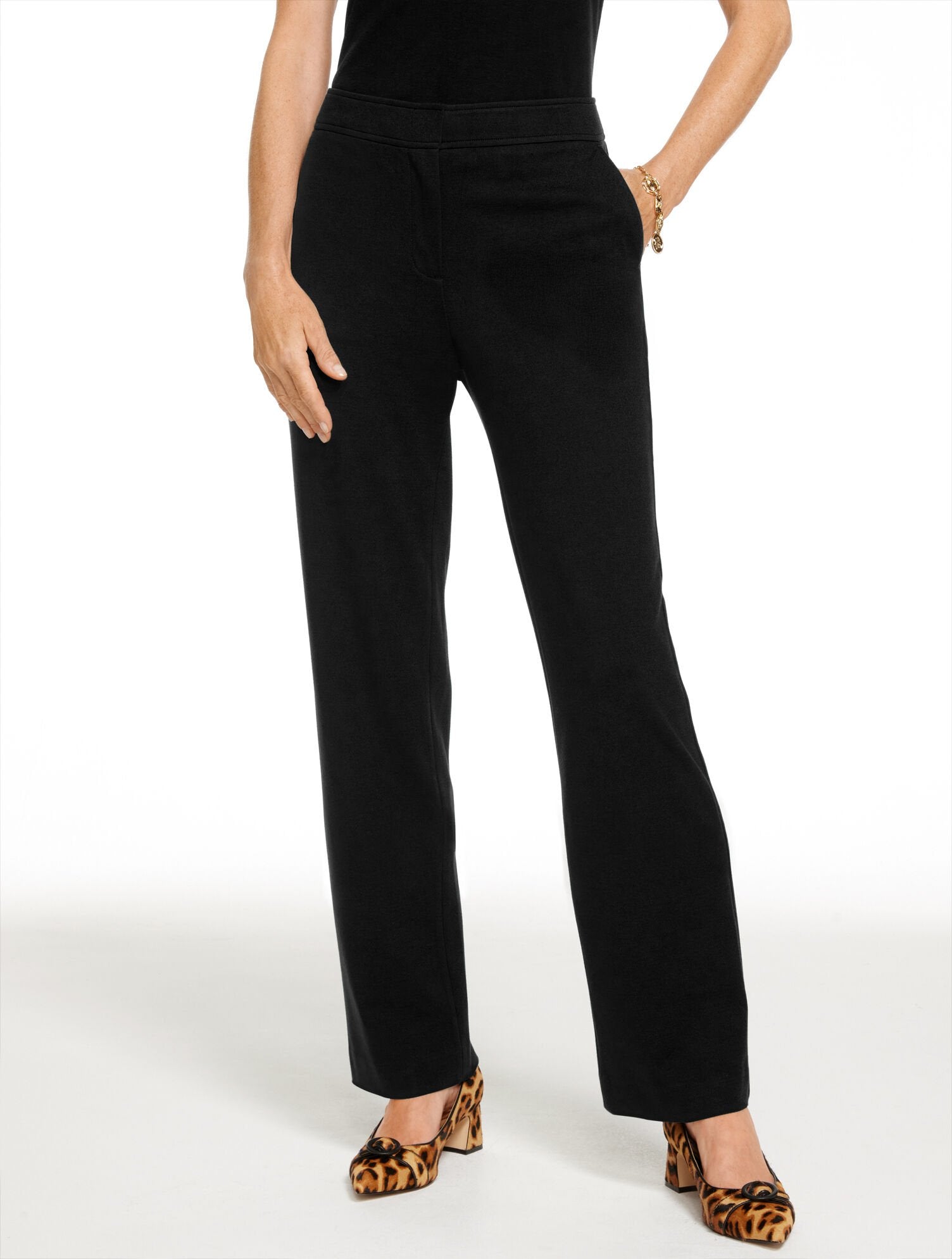 BLACK|PINE GROVE LUXE PONTE STRAIGHT LEG PANTS | Talbots sale