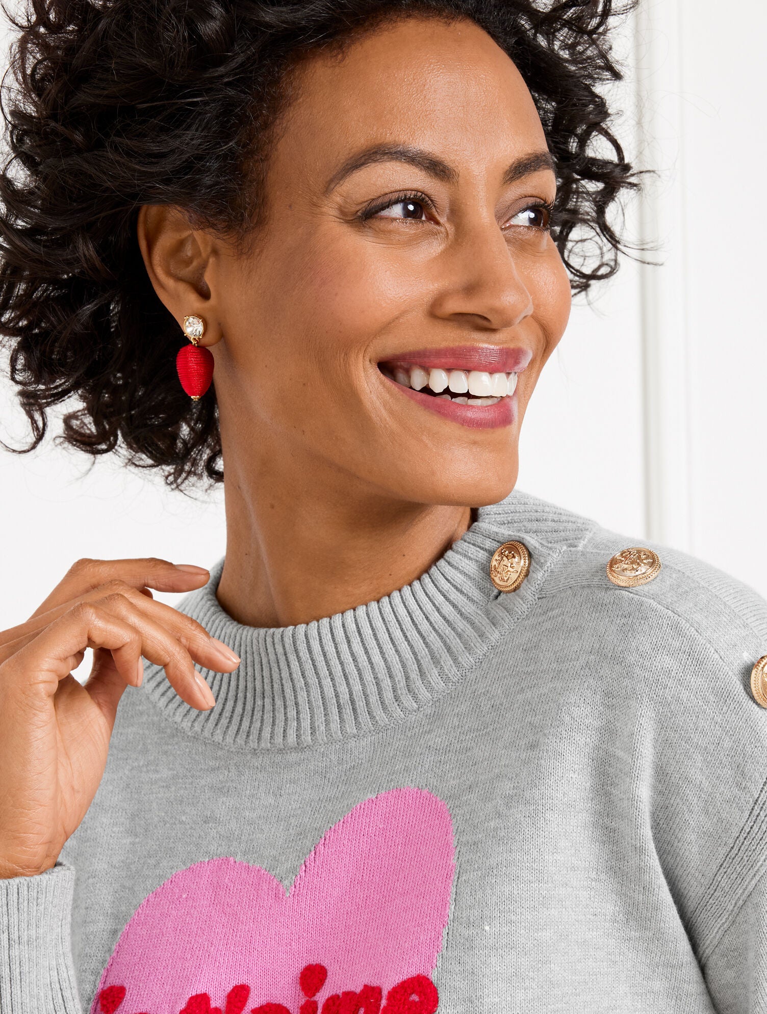 GREY SKY HTHR/PINK ROUGE JE T’AIME HEART MOCKNECK PULLOVER | Talbots US