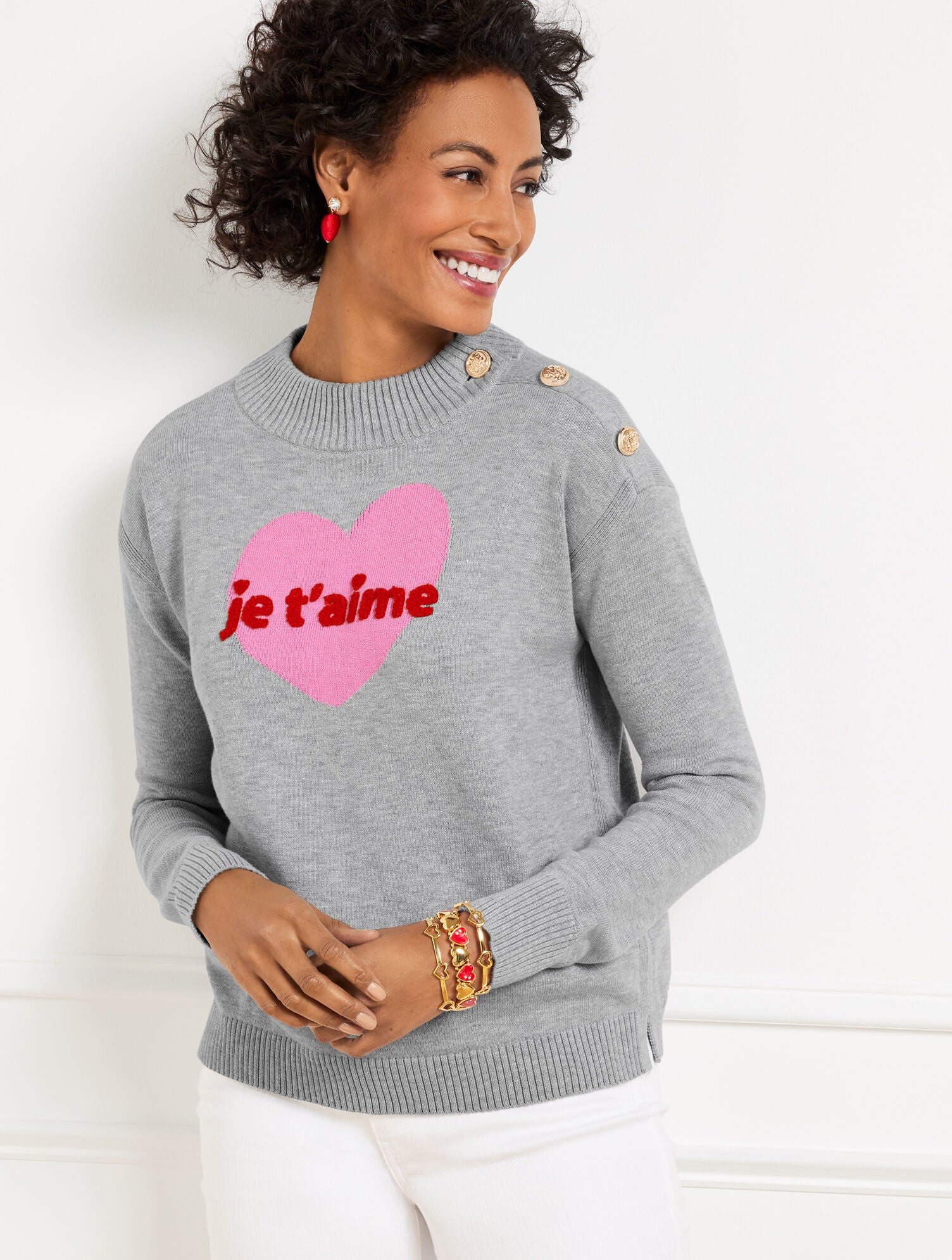 GREY SKY HTHR/PINK ROUGE JE T’AIME HEART MOCKNECK PULLOVER | Talbots US