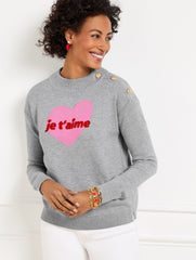 GREY SKY HTHR/PINK ROUGE JE T’AIME HEART MOCKNECK PULLOVER | Talbots US
