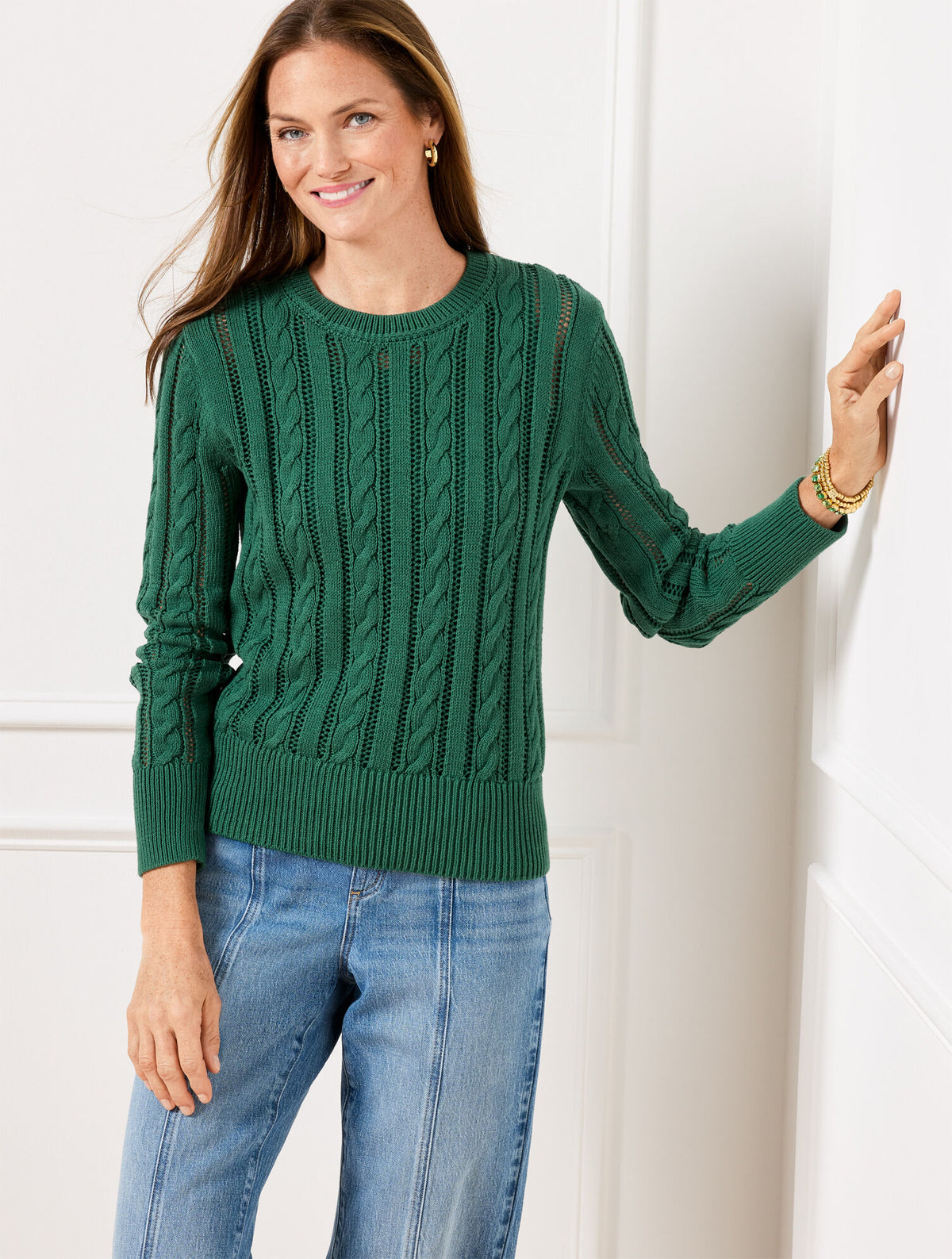 HERITAGE GREEN|WHITE OPEN KNIT CABLE CREWNECK SWEATER | Talbots discount