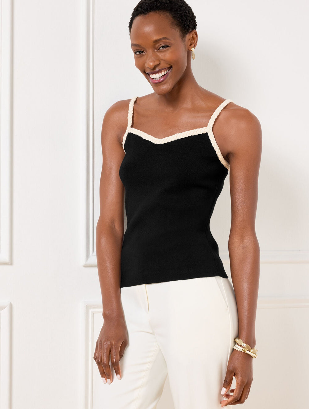 BLACK/IVORY BRAIDED TRIM SWEATER SHELL | Talbots US