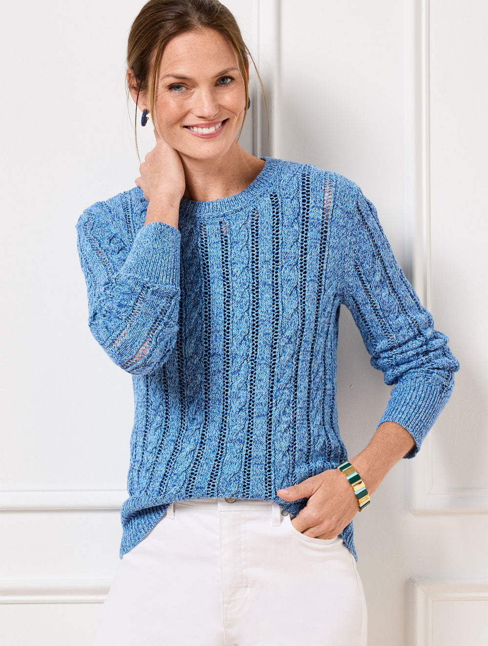 BLUE ICE MARL MULTI OPEN KNIT CABLE CREWNECK SWEATER - MARL | Talbots discount