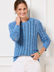 BLUE ICE MARL MULTI OPEN KNIT CABLE CREWNECK SWEATER - MARL | Talbots discount