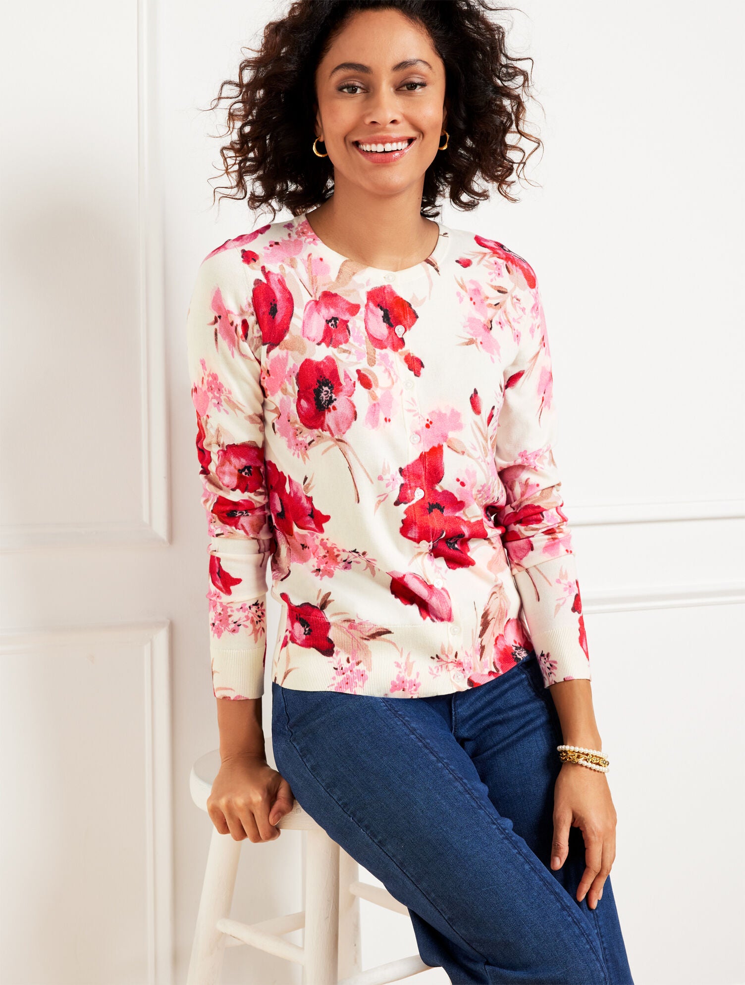IVORY/RED MULTI CHARMING CARDIGAN - WATERCOLOR BOUQUETS | Talbots US