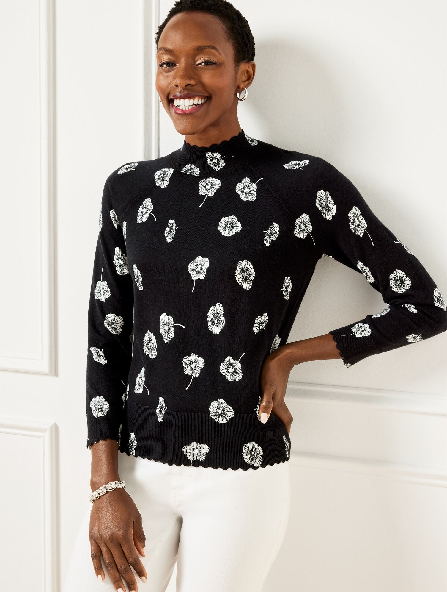 BLACK/IVORY SCALLOP EDGE RAGLAN SWEATER - DECO FLOWER | Talbots for sale