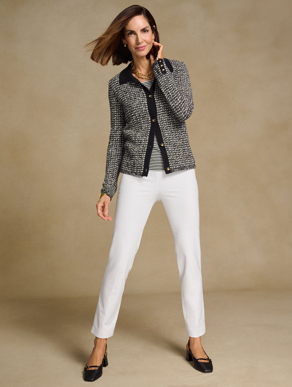 FAWN/WHITE MULTI POLO CARDIGAN - DASH STRIPE | Talbots sale