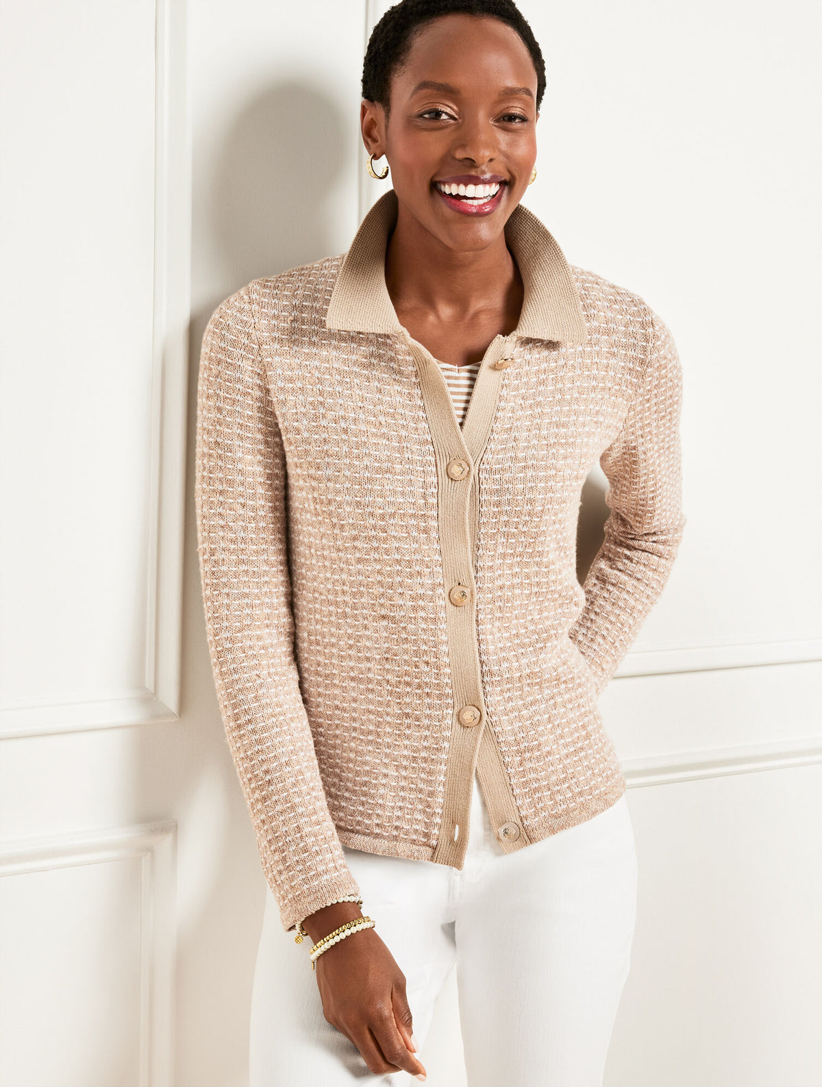 FAWN/WHITE MULTI POLO CARDIGAN - DASH STRIPE | Talbots sale