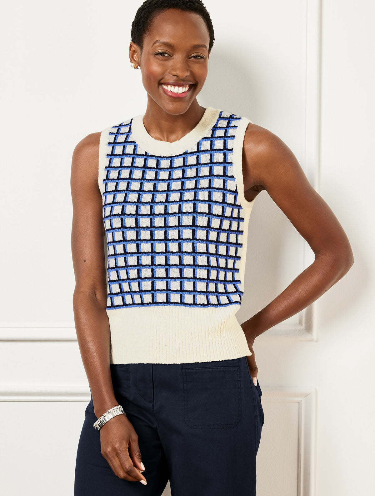 IVORY/INDIGO MULTI TEXTURED STITCH SWEATER SHELL - PLAID | Talbots for sale
