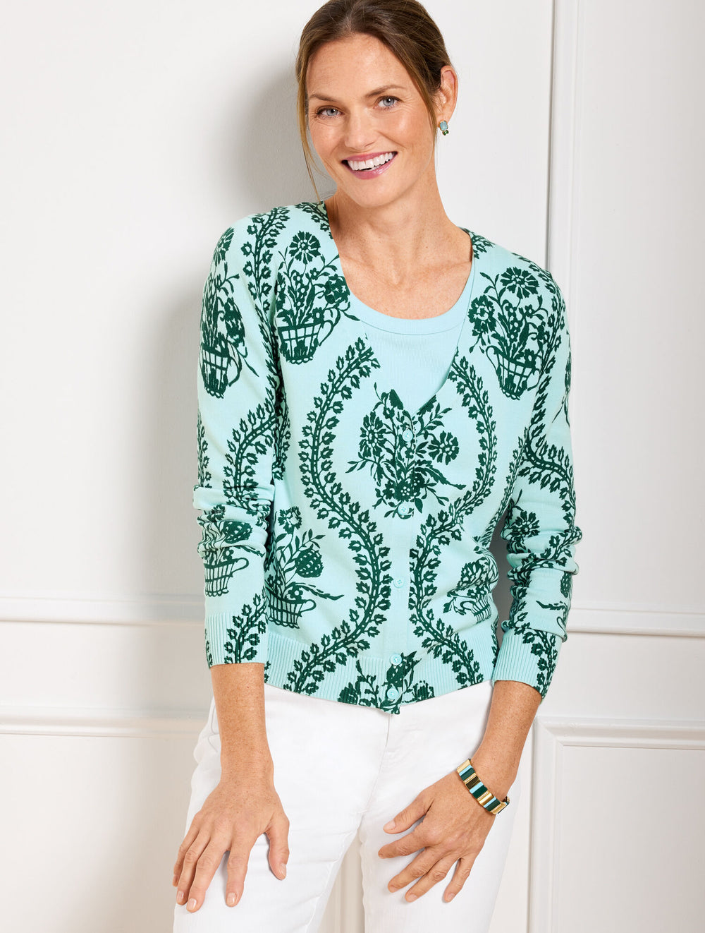 BLUE ICE/HERITAGE GREEN V-NECK CARDIGAN - FLOWING FLORAL | Talbots near me