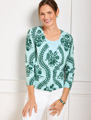 BLUE ICE/HERITAGE GREEN V-NECK CARDIGAN - FLOWING FLORAL | Talbots near me