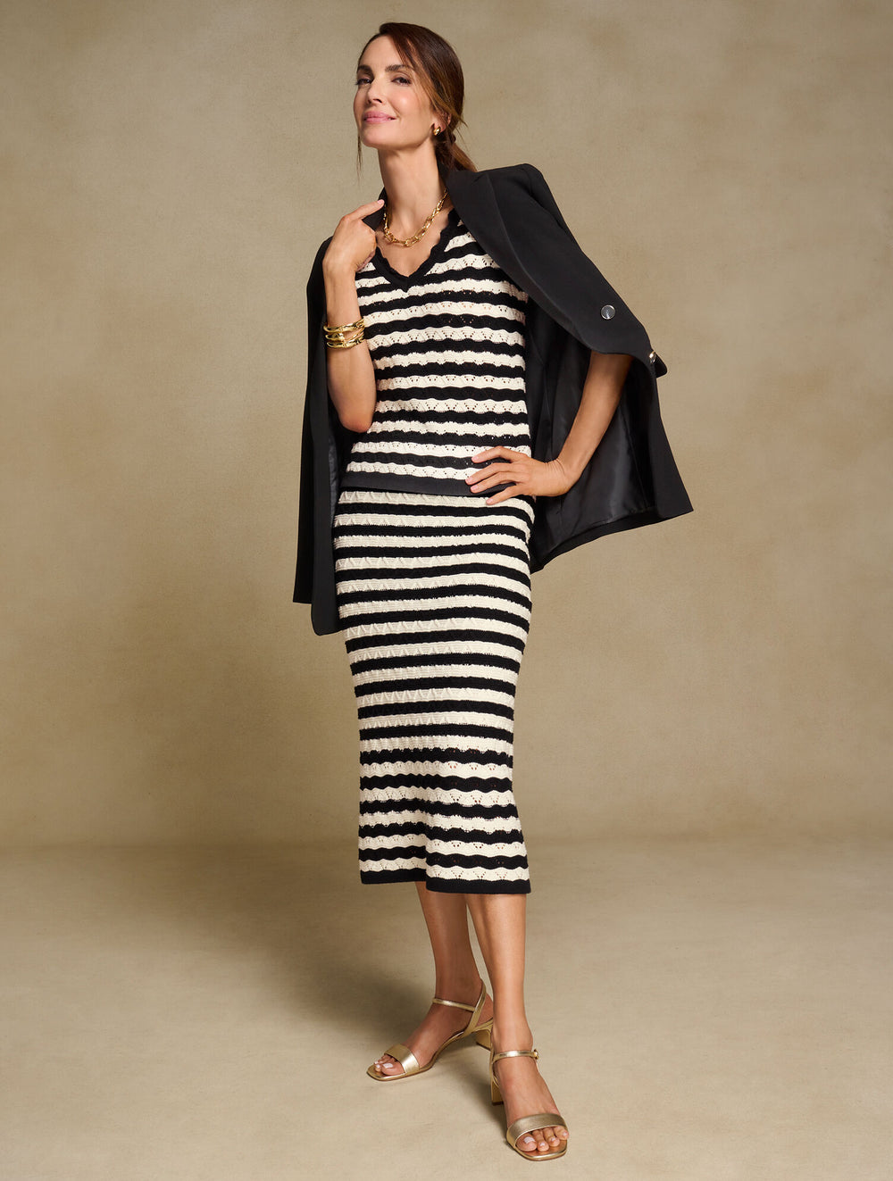 IVORY/BLACK POINTELLE STRIPE SHORT SLEEVE SWEATER | Talbots on sale