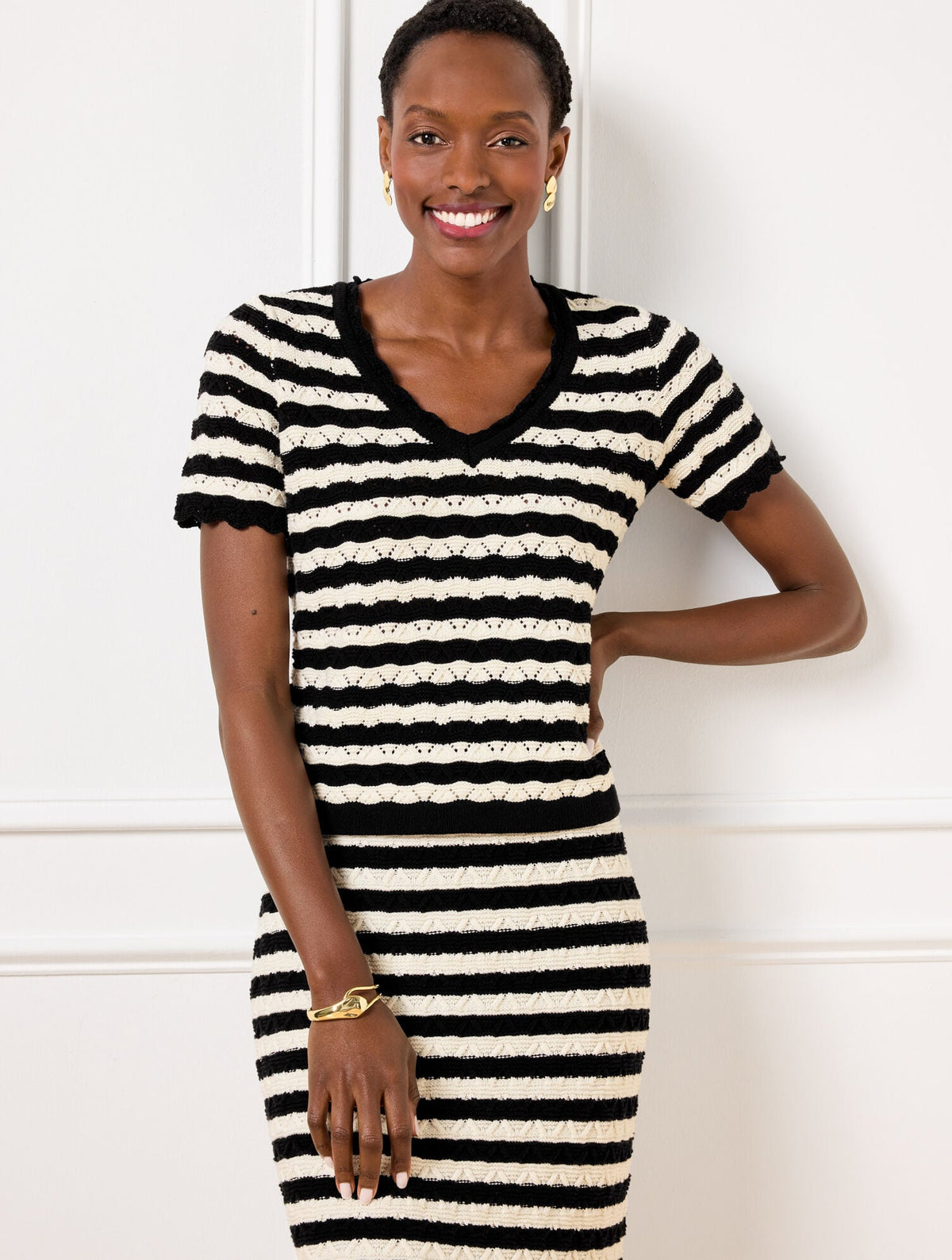 IVORY/BLACK POINTELLE STRIPE SHORT SLEEVE SWEATER | Talbots on sale