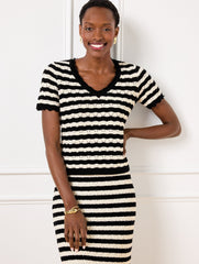 IVORY/BLACK POINTELLE STRIPE SHORT SLEEVE SWEATER | Talbots on sale