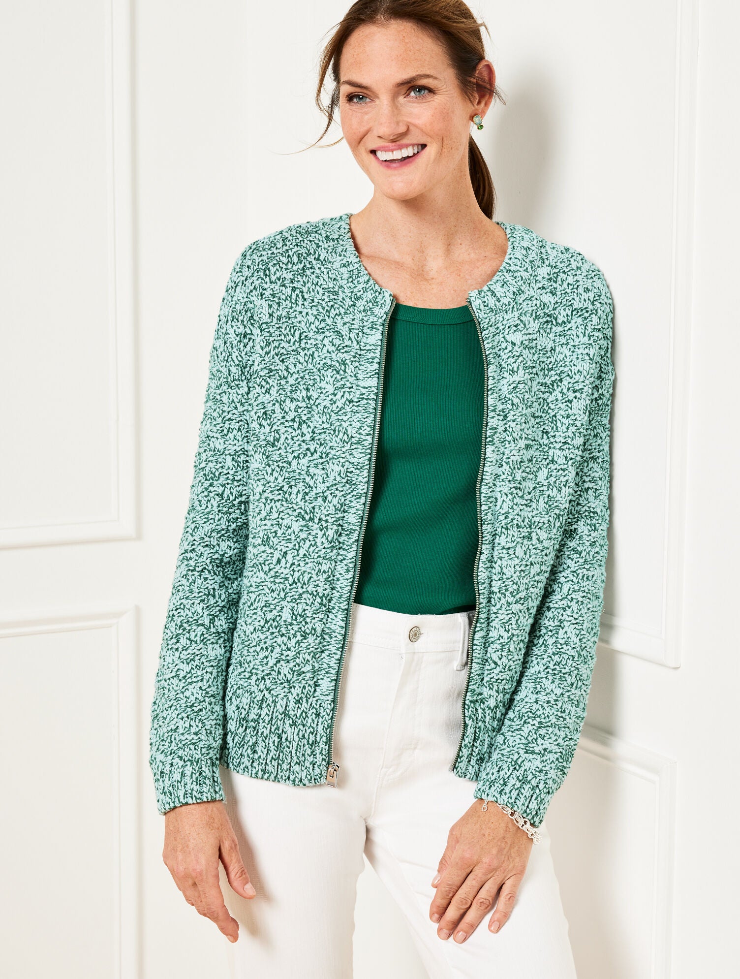 HERITAGE GREEN/BLUE TEXTURE STITCH BOMBER CARDIGAN - MARL | Talbots near me