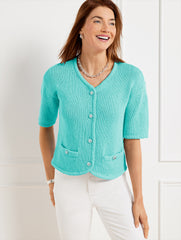 BRIGHT GREEN|VIVID TURQUOISE ELBOW SLEEVE SWEATER JACKET | Talbots discount