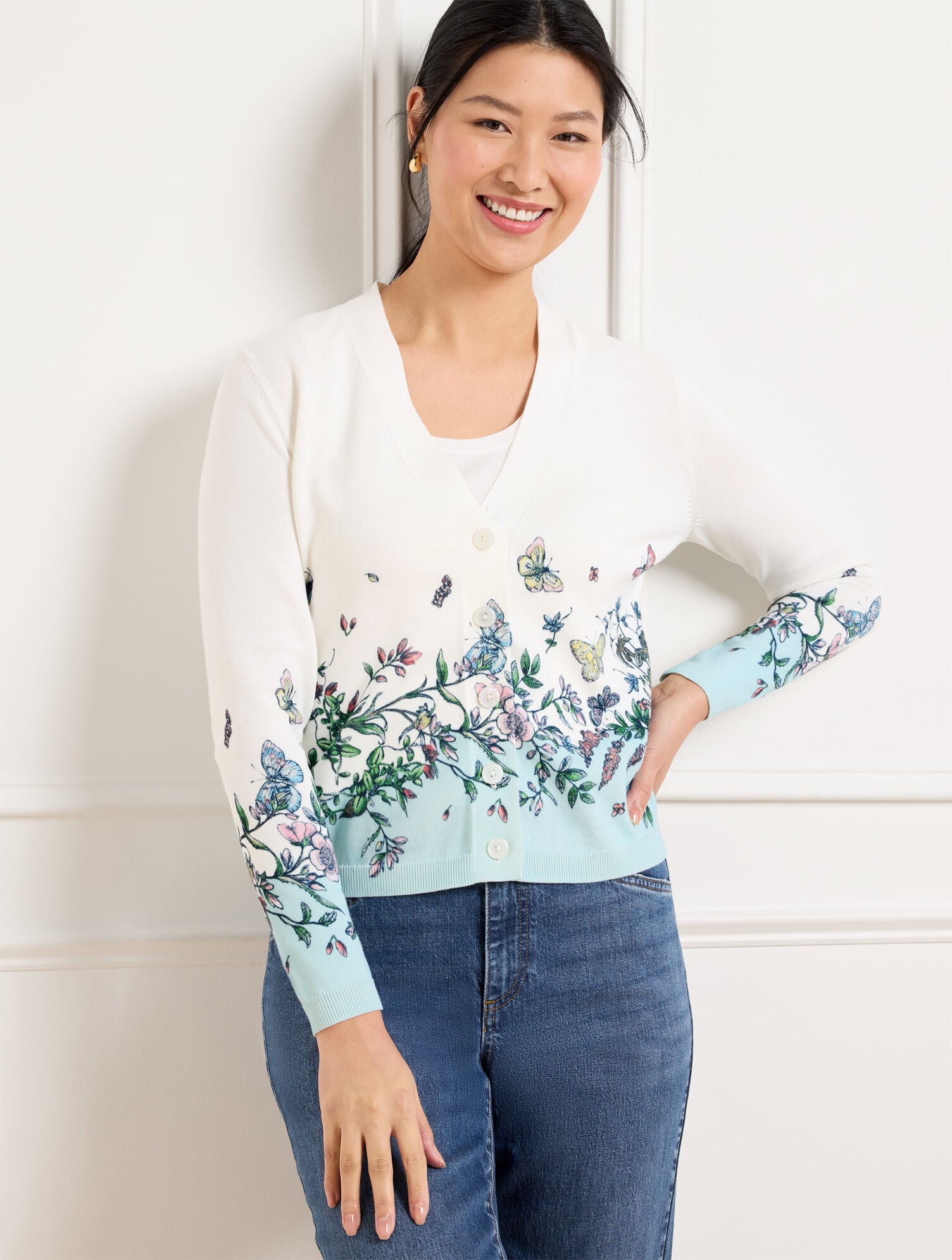 BLUE ICE/HERITAGE GREEN V-NECK CARDIGAN - PENCIL BUTTERFLY | Talbots sale