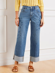 BOTANICA WASH WIDE STRAIGHT ANKLE EMBROIDERED CUFF JEANS - BOTANICA WASH | Talbots sale