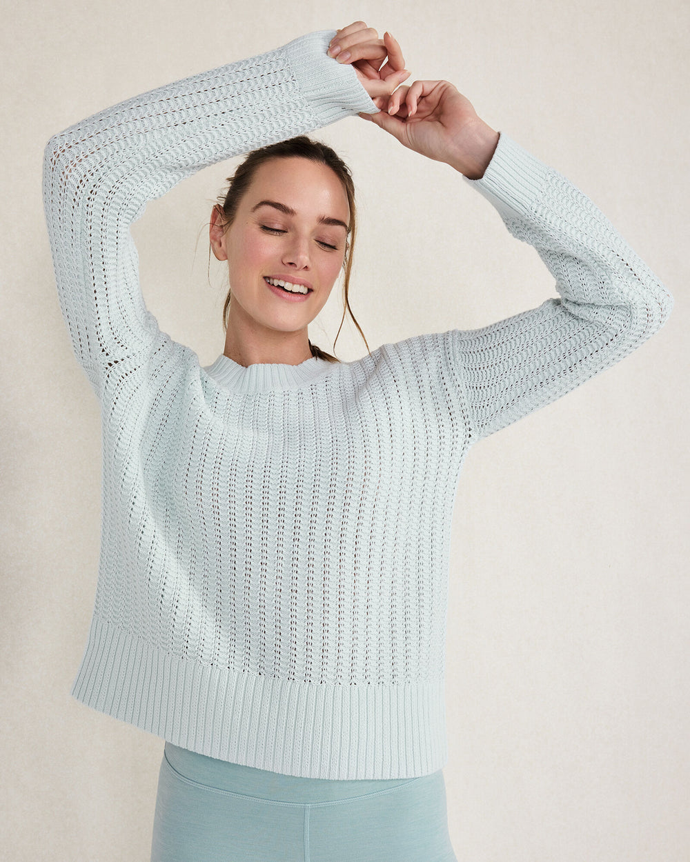 ARUCANA BLUE|IVORY|PORTABELLA ORGANIC COTTON OPEN STITCH CREWNECK SWEATER | Talbots for sale