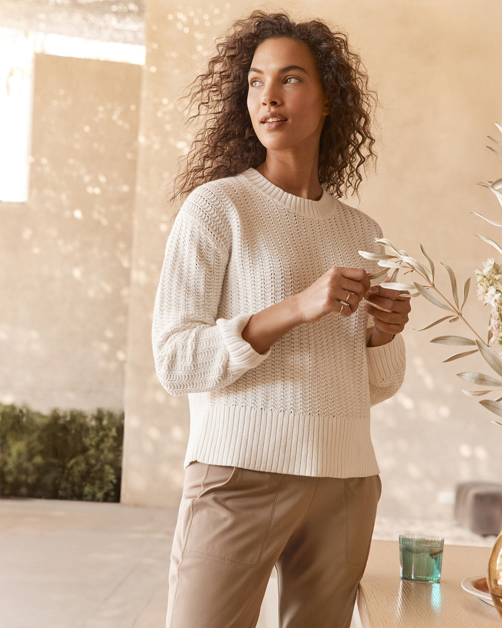ARUCANA BLUE|IVORY|PORTABELLA ORGANIC COTTON OPEN STITCH CREWNECK SWEATER | Talbots outlet