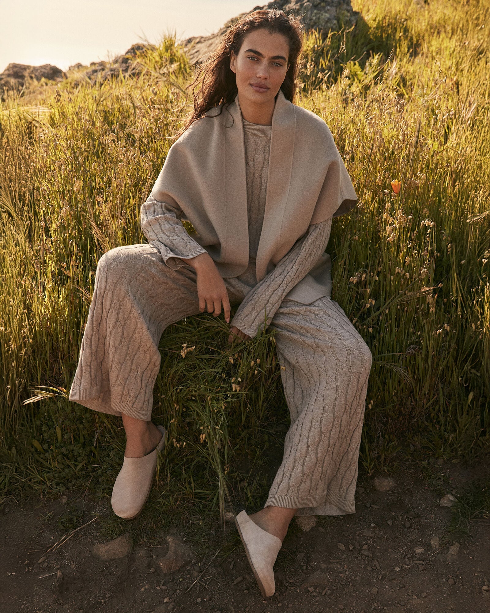 TULE FOG HTHR|BIRCH COTTON CASHMERE CABLE KNIT WIDE LEG PANTS | Talbots for sale