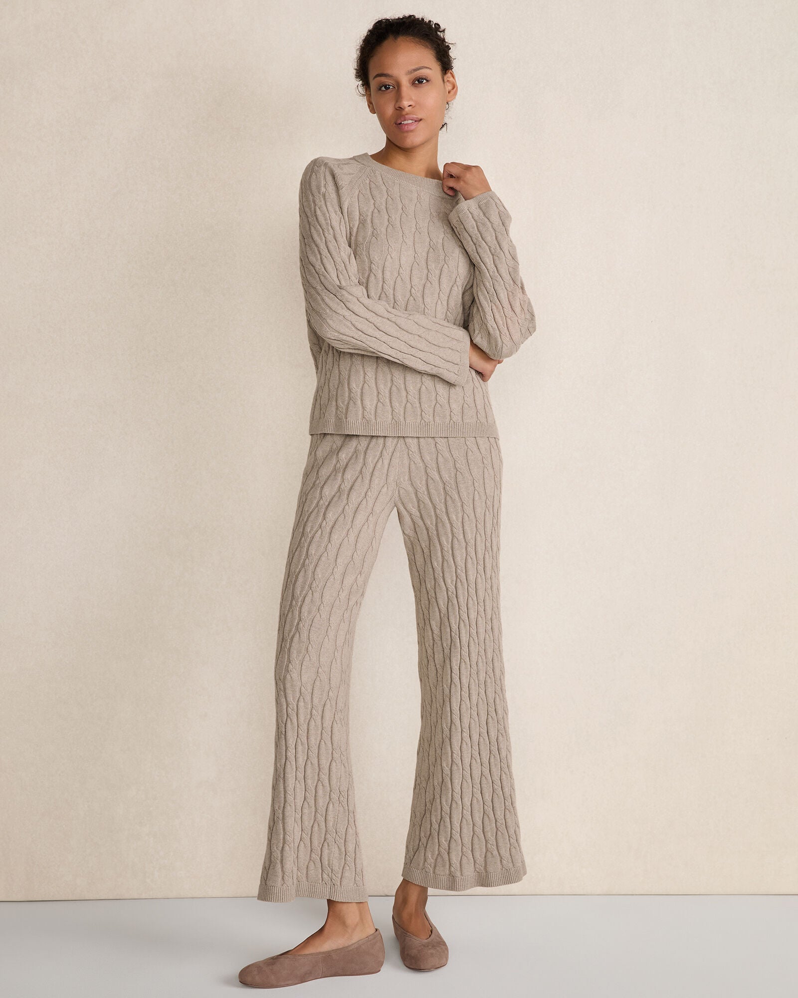 TULE FOG HTHR|BIRCH COTTON CASHMERE CABLE KNIT WIDE LEG PANTS | Talbots for sale
