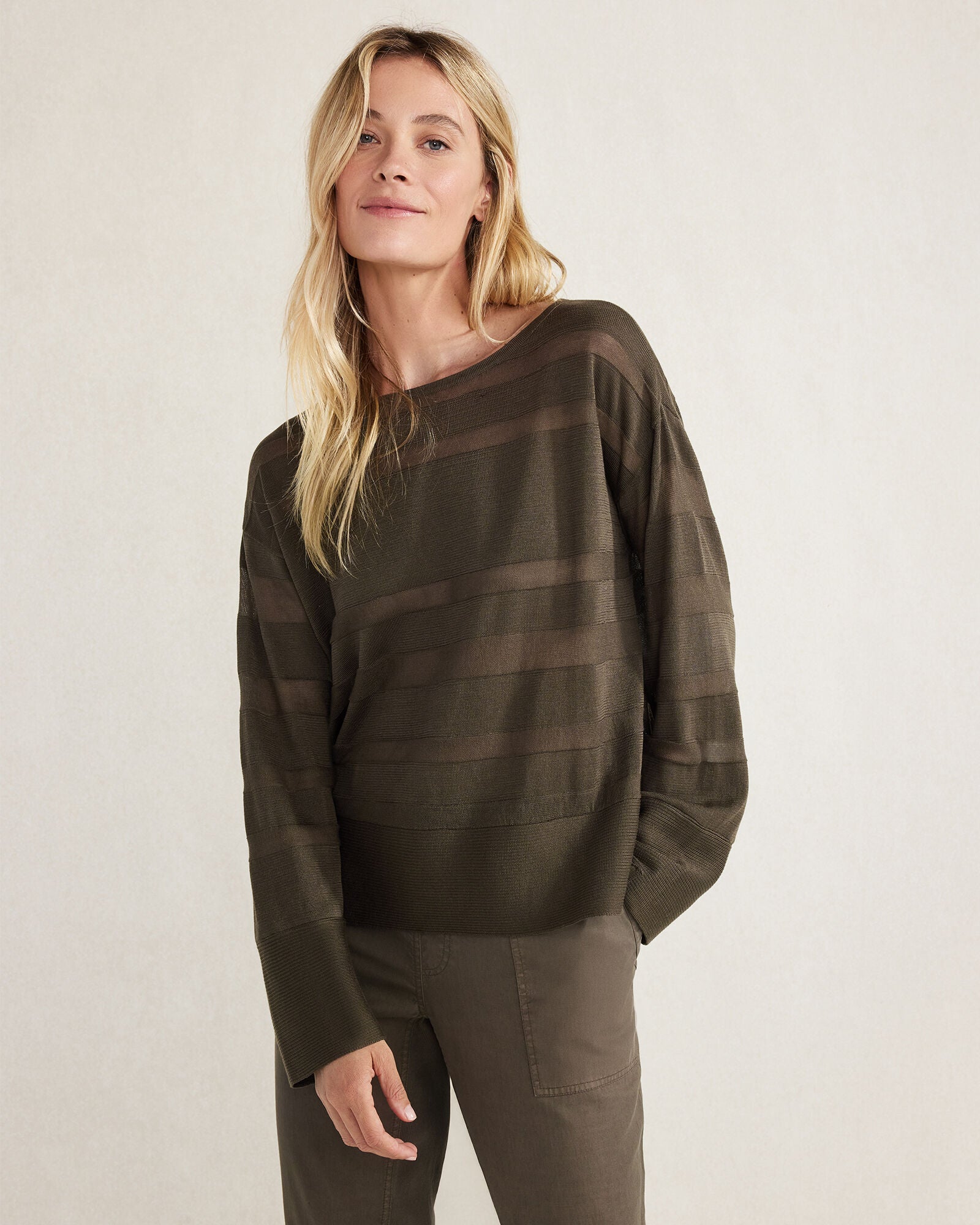 STREAM|TUSCAN OLIVE|WHITE ORGANIC COTTON SHEER STRIPE BATEAU NECK SWEATER | Talbots US