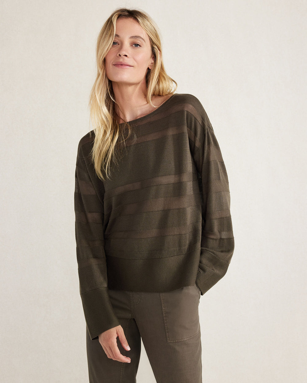 STREAM|TUSCAN OLIVE|WHITE ORGANIC COTTON SHEER STRIPE BATEAU NECK SWEATER | Talbots US