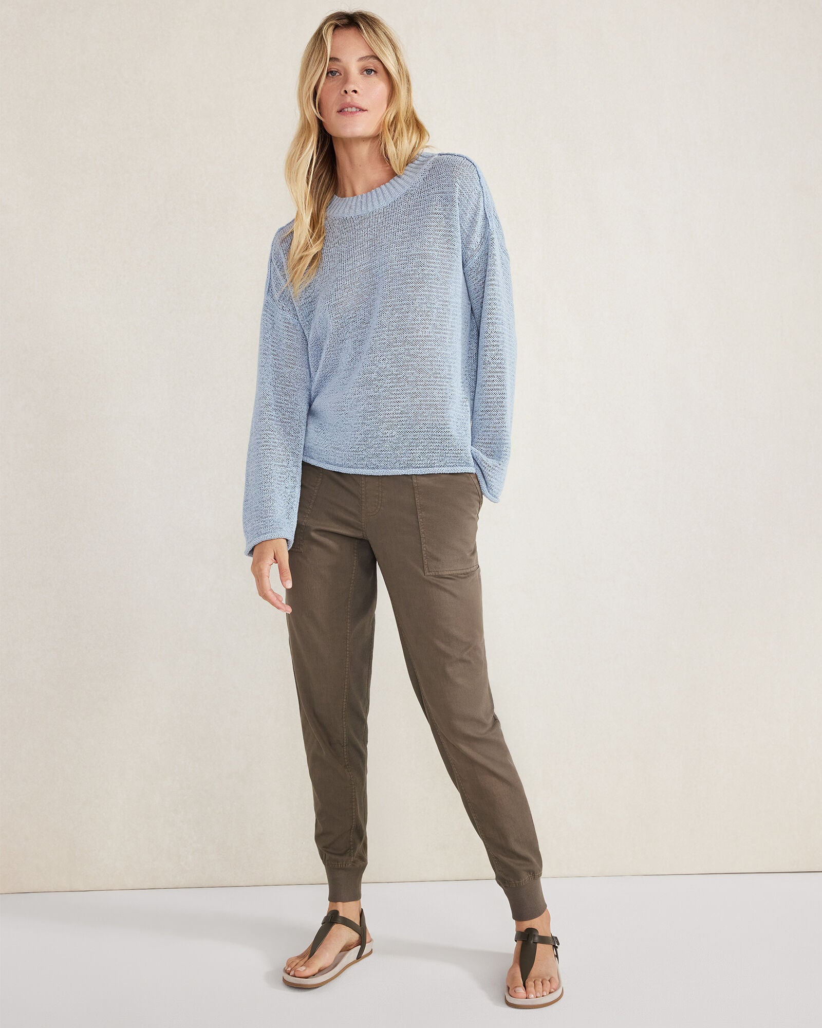 MUSLIN|STREAM|THYME ORGANIC COTTON LINEN TAPE YARN CREWNECK SWEATER | Talbots sale