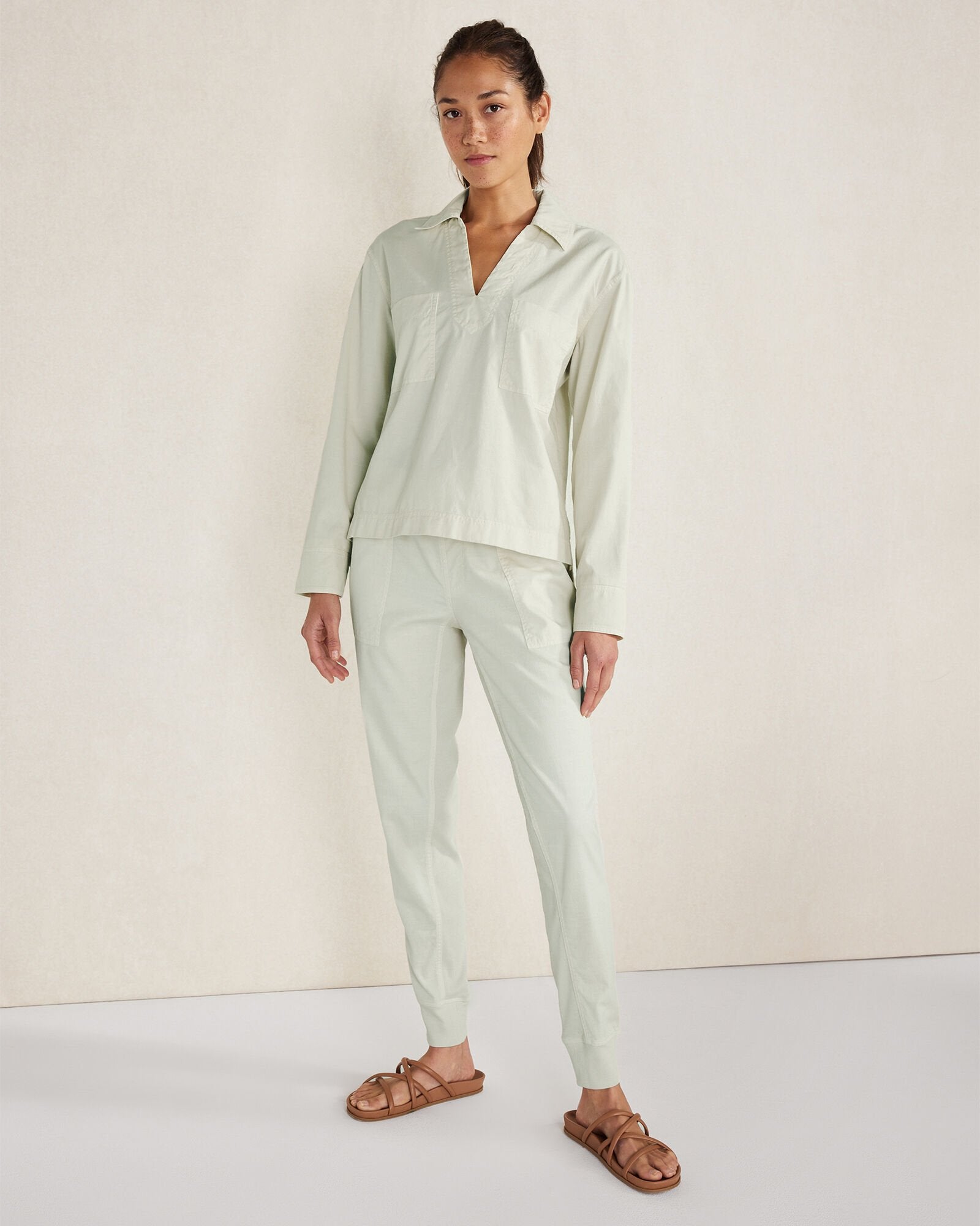 BIRCH|MINERAL|TUSCAN OLIVE LIGHTWEIGHT TWILL COLLARED PULLOVER | Talbots on sale