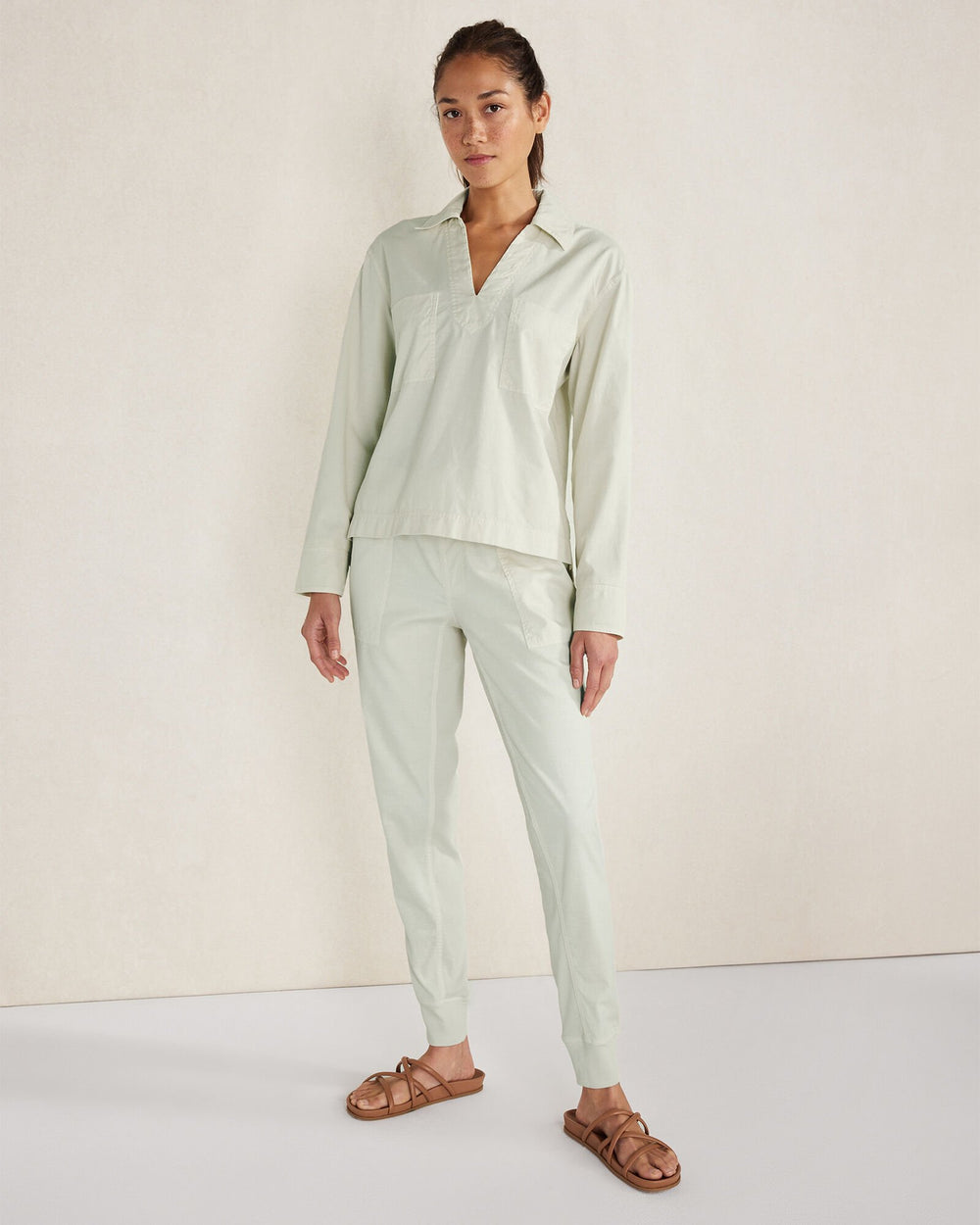 BIRCH|MINERAL|TUSCAN OLIVE LIGHTWEIGHT TWILL COLLARED PULLOVER | Talbots sale
