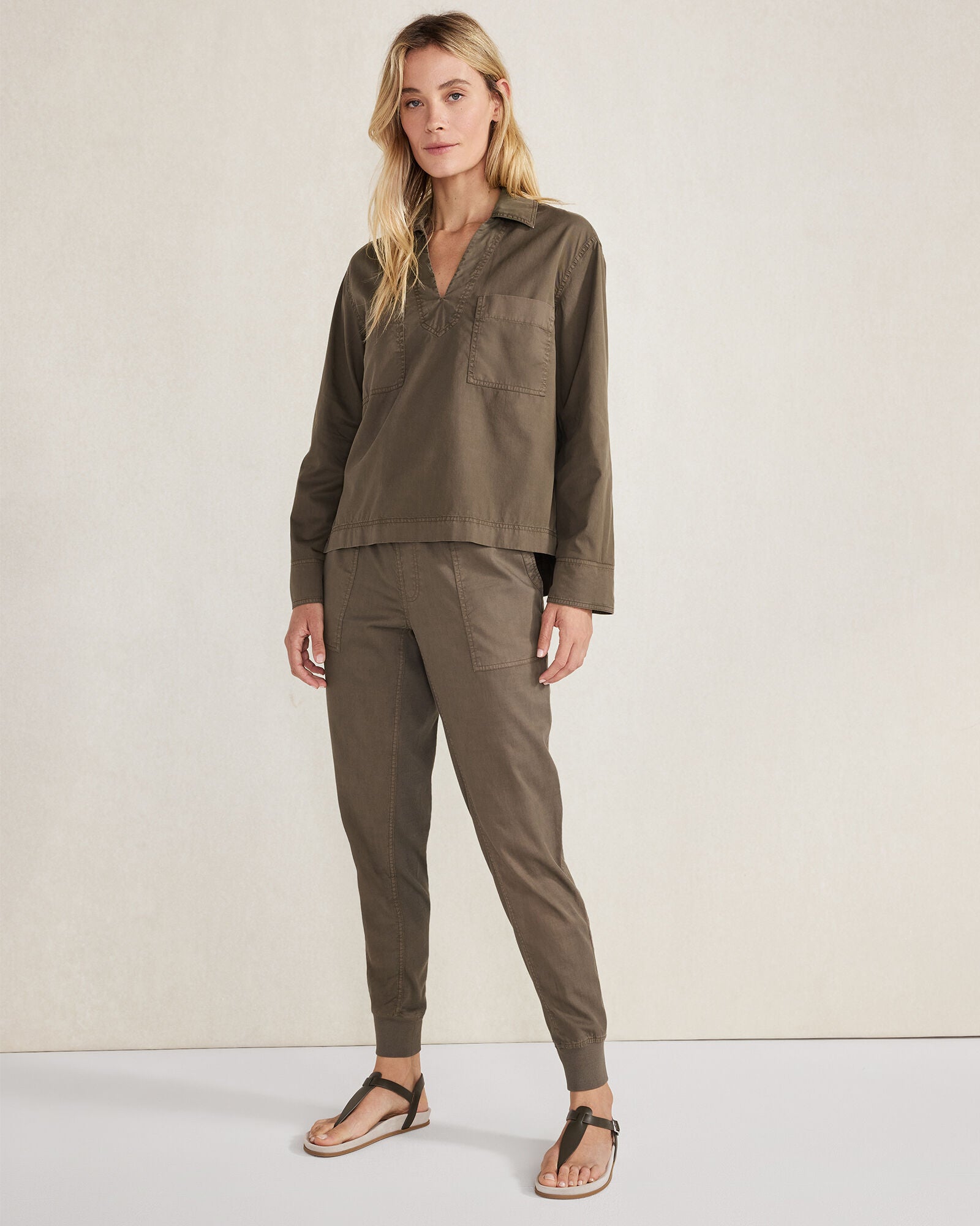 BIRCH|MINERAL|TUSCAN OLIVE LIGHTWEIGHT TWILL COLLARED PULLOVER | Talbots on sale