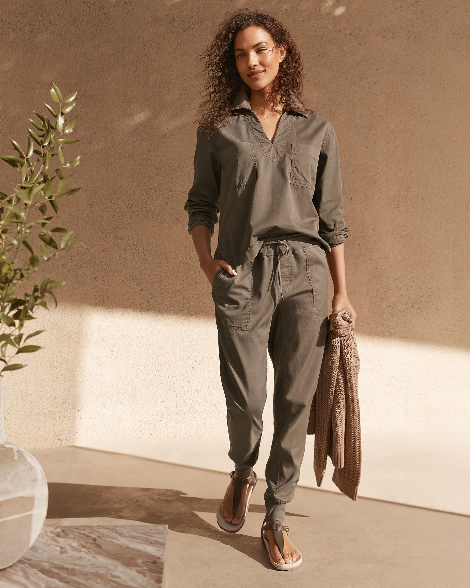 BIRCH|MINERAL|TUSCAN OLIVE LIGHTWEIGHT TWILL COLLARED PULLOVER | Talbots sale