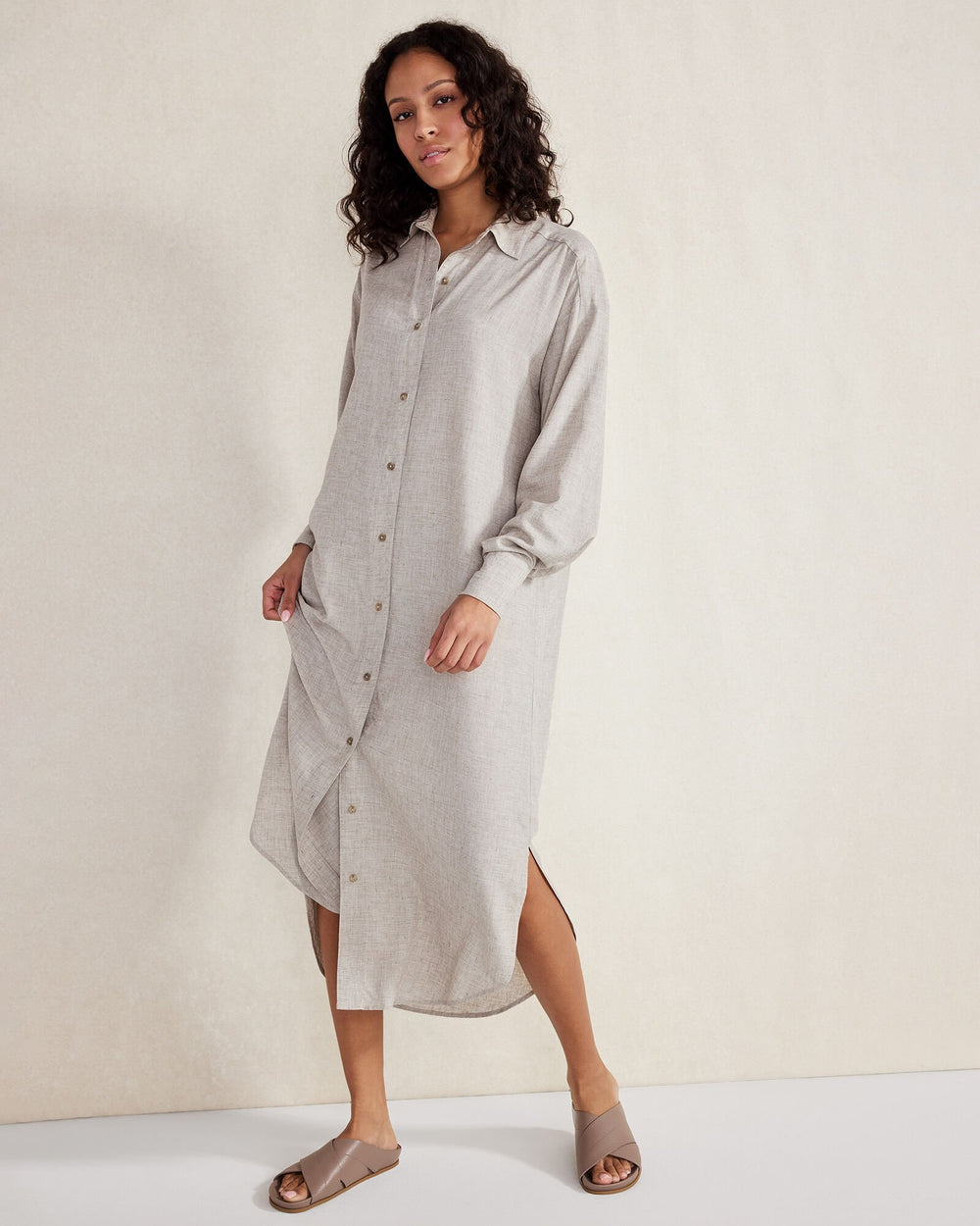 GREY MELANGE DRAPEY WOOL BUTTON DOWN DRESS | Talbots discount