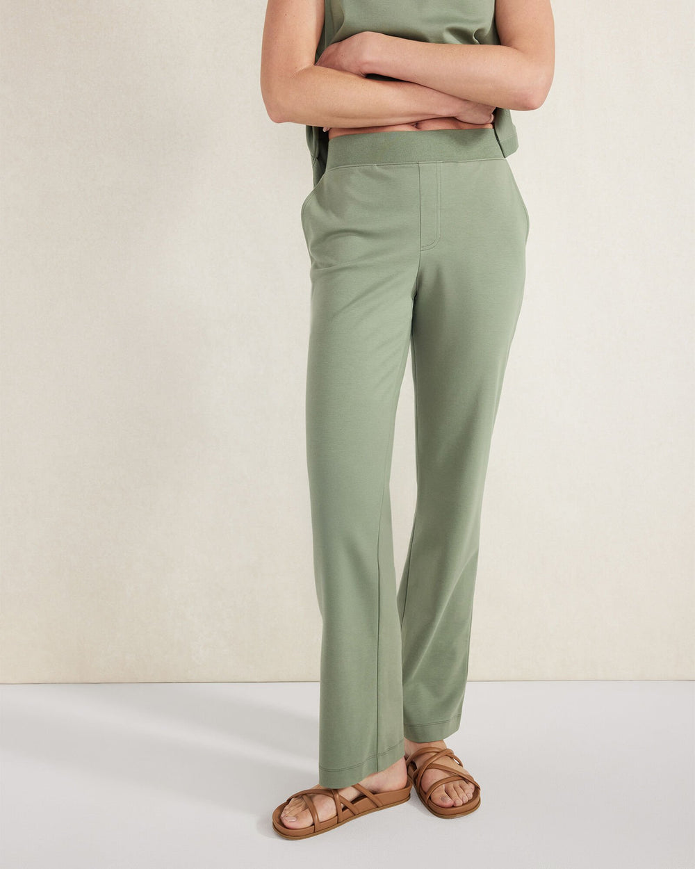 GARMENT DYE OCHRE|THYME ORGANIC COTTON INTERLOCK BOOT CUT PANTS | Talbots US