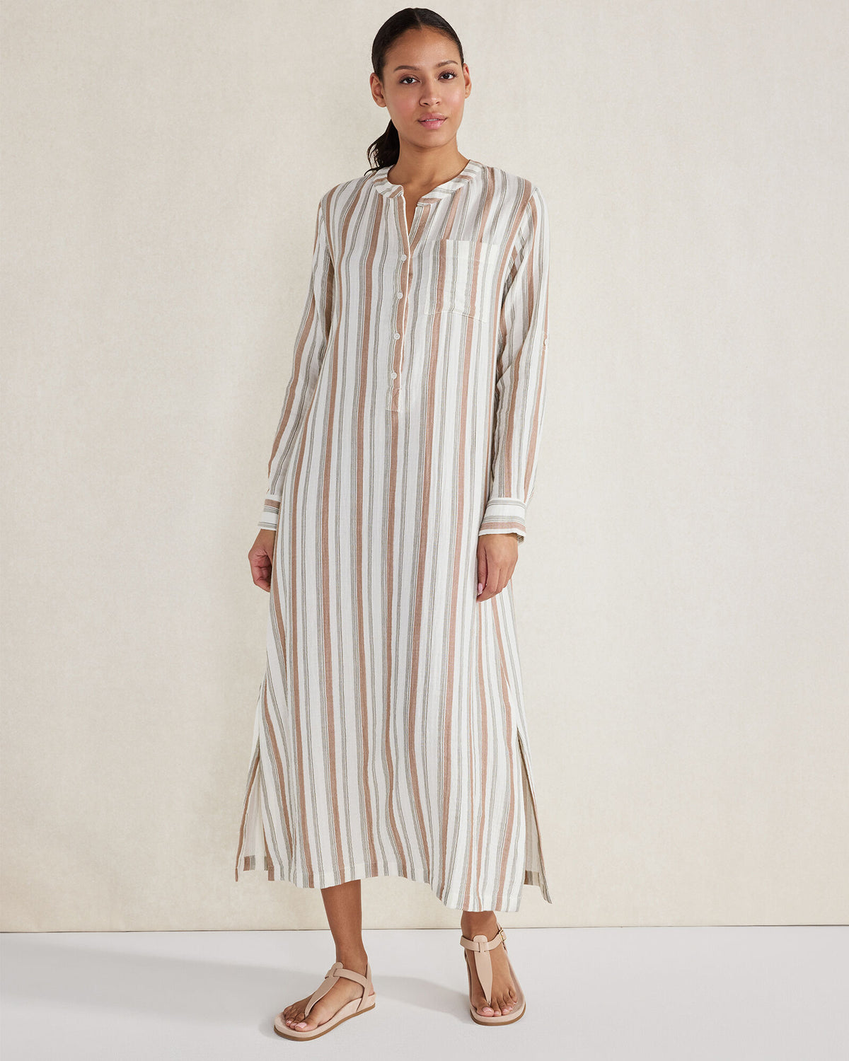 IVORY MULTI ORGANIC COTTON GAUZE STRIPED DRESS | Talbots US