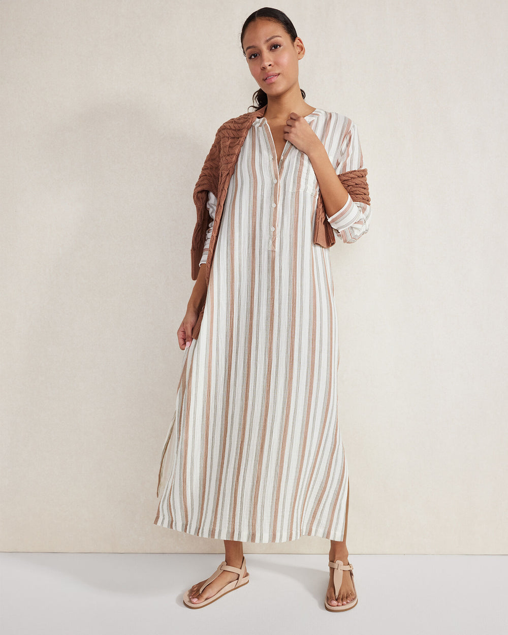 IVORY MULTI ORGANIC COTTON GAUZE STRIPED DRESS | Talbots US