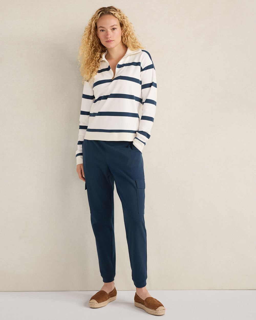 IVORY/TWILIGHT ORGANIC COTTON INTERLOCK STRIPED QUARTER ZIP | Talbots discount