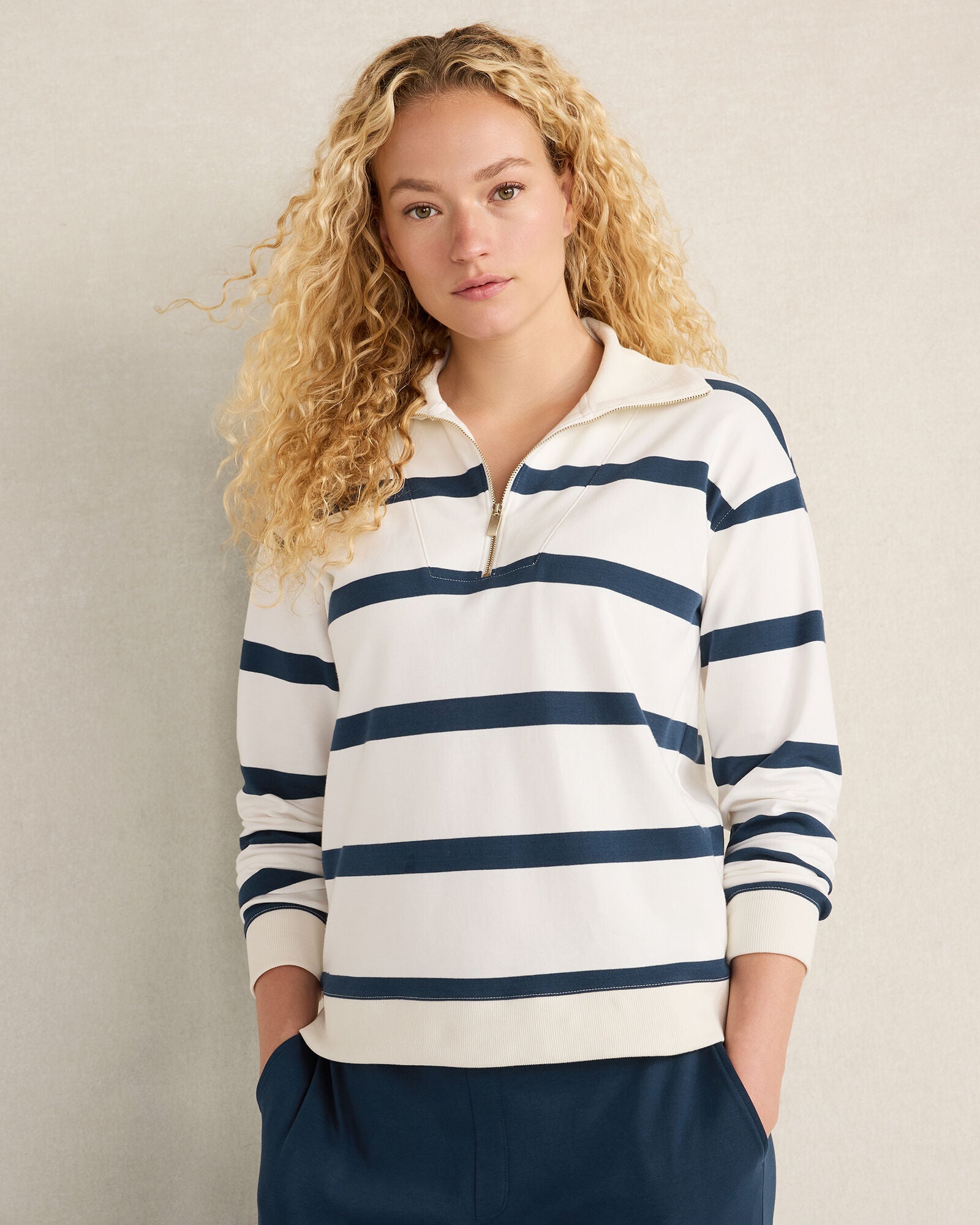 IVORY/TWILIGHT ORGANIC COTTON INTERLOCK STRIPED QUARTER ZIP | Talbots discount