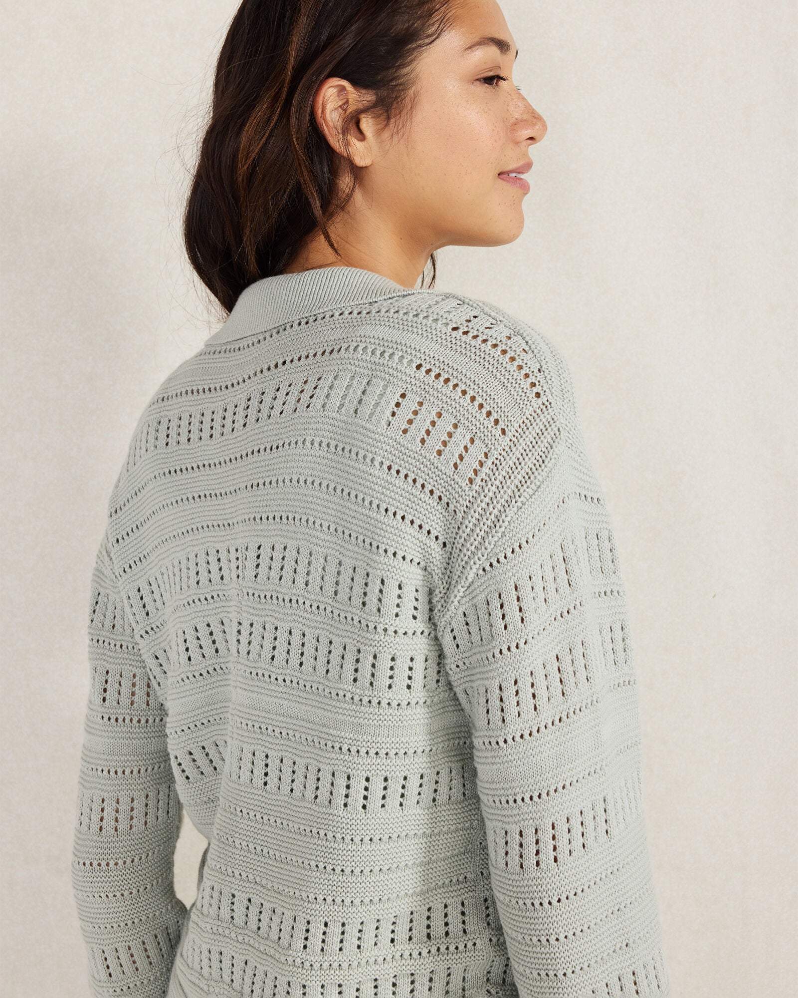BIRCH|MINERAL ORGANIC COTTON OPEN STITCH JOHNNY COLLAR SWEATER | Talbots US
