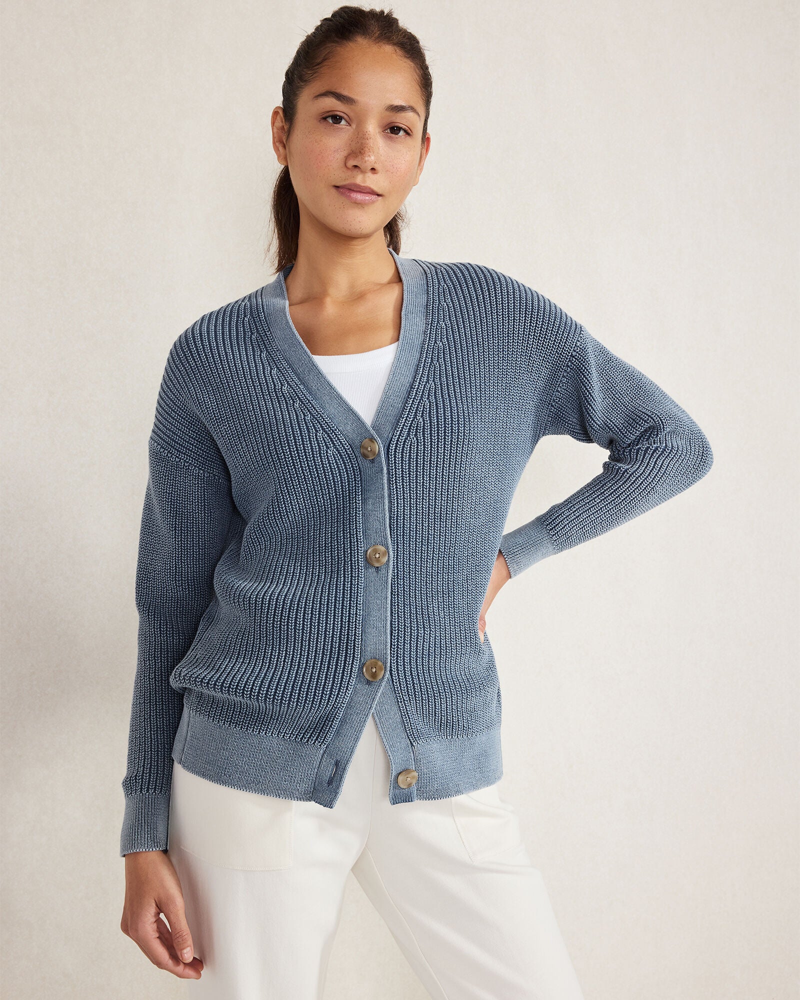 GARMENT DYE LAKE|SEA GARMENT-DYED ORGANIC COTTON SHAKER STITCH CARDIGAN | Talbots online