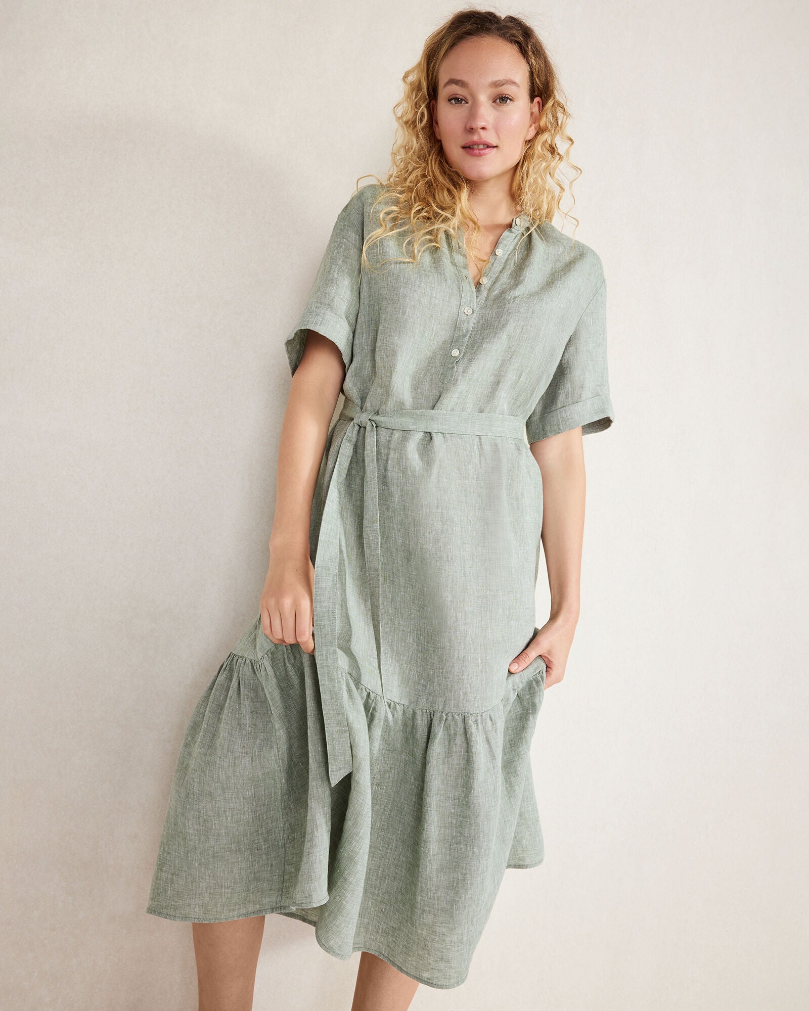 OATMEAL CROSS DYE|THYME CROSS DYE LINEN TIERED MIDI DRESS | Talbots discount