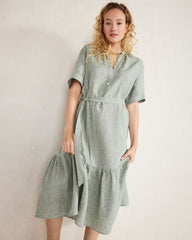 OATMEAL CROSS DYE|THYME CROSS DYE LINEN TIERED MIDI DRESS | Talbots discount