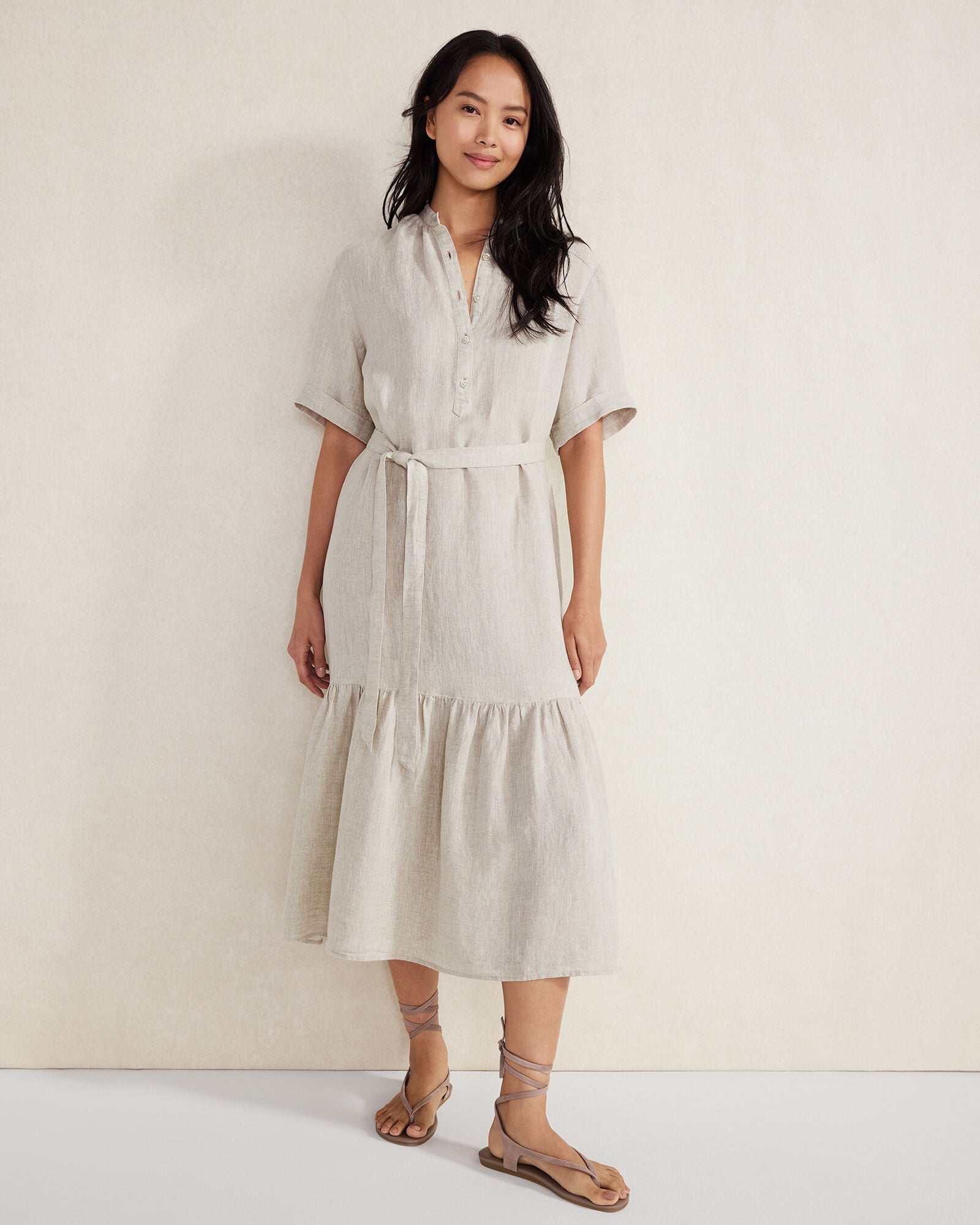 OATMEAL CROSS DYE|THYME CROSS DYE LINEN TIERED MIDI DRESS | Talbots discount